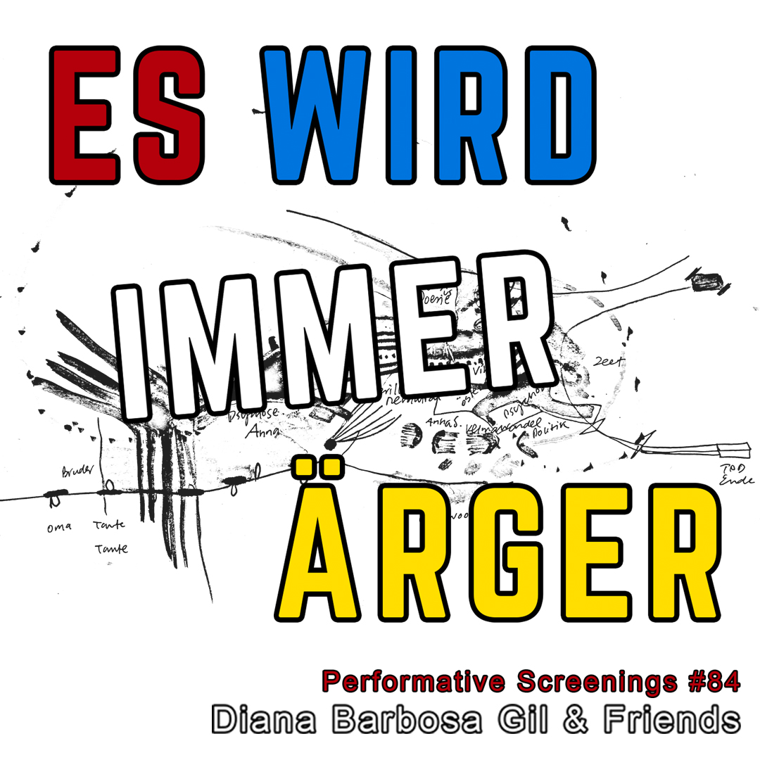 In der Mitte des Bildes ist in großen, kontrastreichen Buchstaben, die an die Schrift von Lawrence Wiener erinnern, der Satz "Es wird immer Ärger" in den Farben Rot, Gelb und Weiß geschrieben. Die Worte sind so angeordnet, dass sie auffällig und gut lesbar sind.Im Hintergrund erstreckt sich eine abstrakte Zeichnung oder Skizze, die ein vielschichtiges Szenario darstellt. Es sind keine klaren Umrisse erkennbar, sondern eher ein verwobenes Muster aus Linien und Flächen, das verschiedene Interpretationen zulässt. Möglicherweise sind Elemente wie Menschen, Tiere oder Gebäude angedeutet, aber auf eine stark stilisierte und abstrakte Weise.In der unteren rechten Ecke des Bildes ist der Schriftzug "performative Screenings" zu sehen, begleitet von dem Namen "Diana Barbosa Gil & Friends".