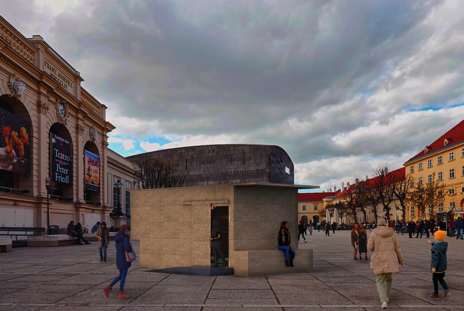 Zu sehen ist die Installation der Künstlerin, das afghanisches Haus in der Mitte des Museumsquartiers in Wien. Im Hintergrund sieht man das graue Gebäude des mumoks. Die Kunstinstallation wird von Passant*innen umrundet und bestaunt. Eine Person tritt gerade bei der Tür des Hauses hinaus, während eine weiblich gelesene Person auf dem Vorsprung sitzt.