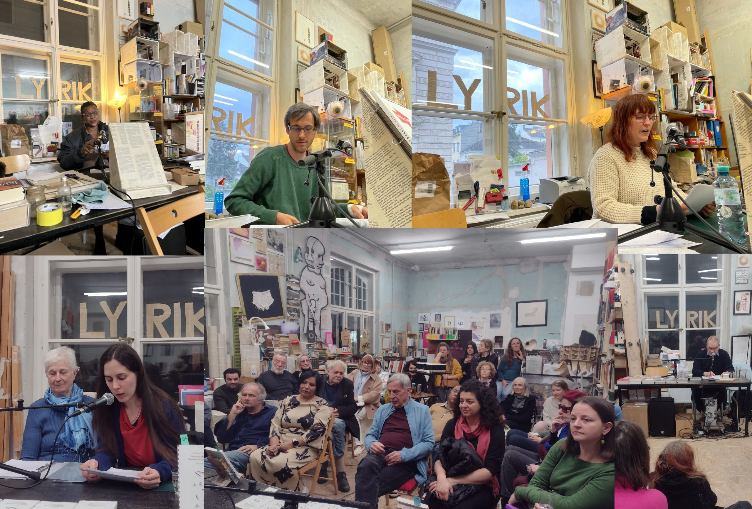 Collage von mehreren Lesungsabenden in der Bibliothek