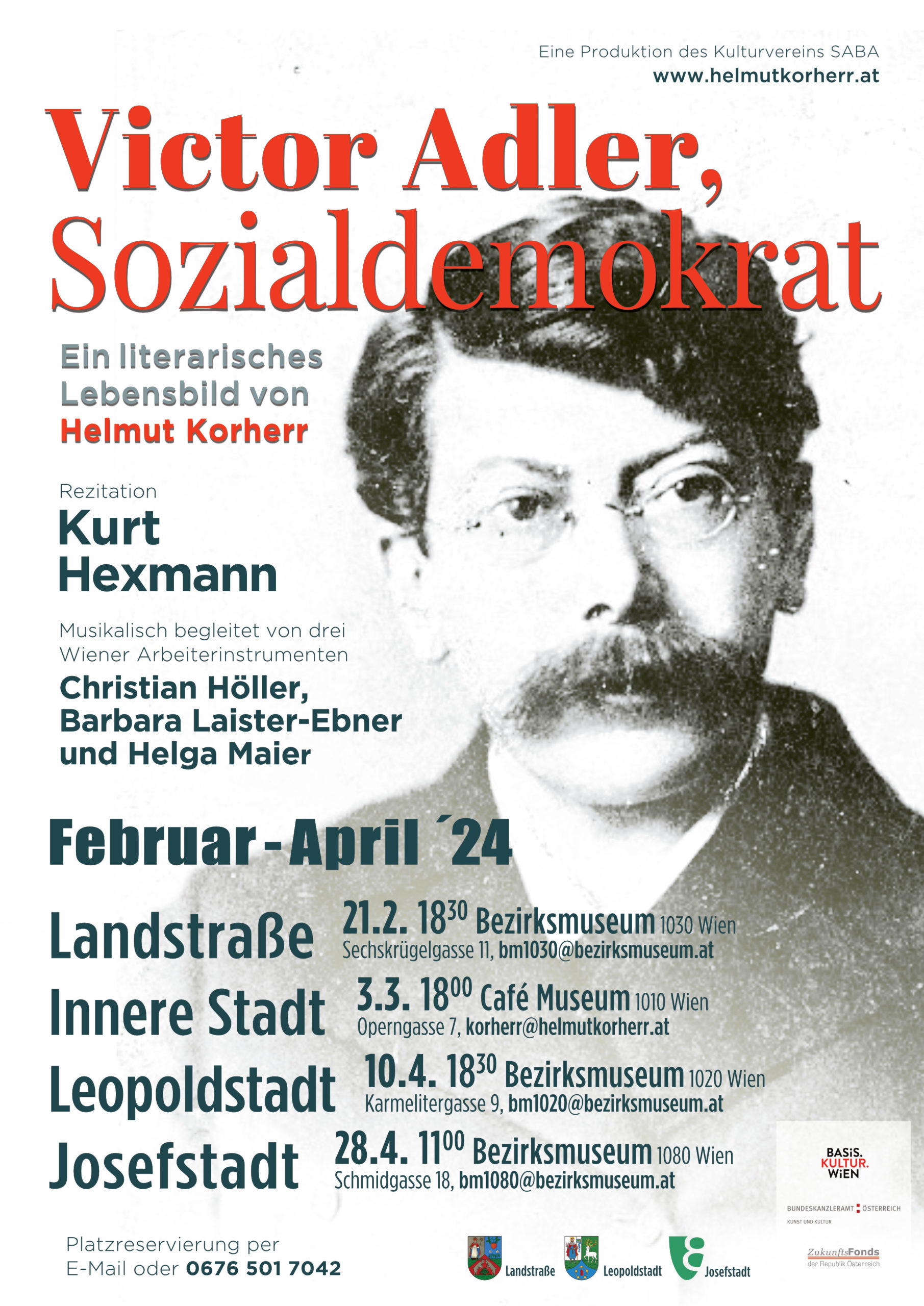 Hier werden unsere ersten 4 Veranstaltungen in verschiedenen Wiener Bezirken angekündigt. Nicht dabei ist die Veranstaltung im 23. Bezirk am 22. März und 150 Jahre Favoriten in 1100 Wien am 18. Juni 2024. Weitere Veranstaltungen folden am 21. Nov. 2024 in der Buchhandlung Orlando und 2025 im Theater im Cafe Prückel am 1. Mai und im Bezirksmuseum Liesing am 2. Mai