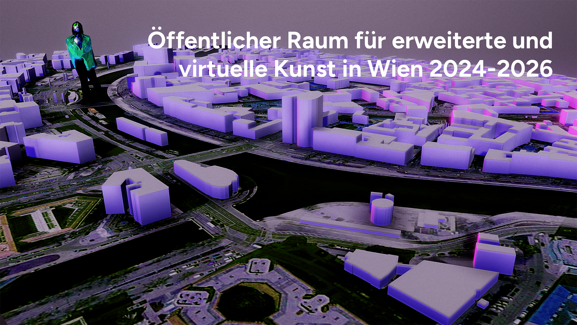 Das Bild/ der Frame Vdonaukanal zeigt eine digitale Rekonstruktion der Ansicht Donaukanal und der Bebauung links und rechts des Kanals, im Hintergrund eine künstlich nachempfundene Figur der Statue auf der Marienbrücke. Durch die violette Farbgebung wird eine spezielle Stimmung mit diesem verschobenen Blick auf die Stadt erzeugt. Was ist real? Was ist digital? Wie konstruiere ich die Wirklichkeit für die Betrachter*innen? Das Bild soll neugierig machen auf die Artefakte in der virtuellen Galerie entlang des Donaukanals.