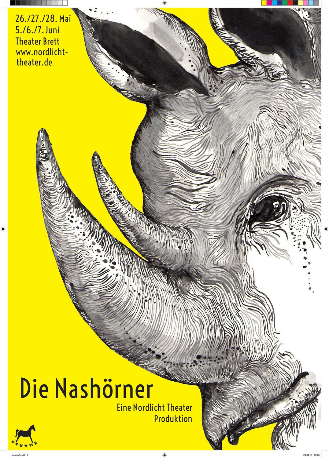 Plakat, gelber Hintergrund, ein grafisch gestaltetes Nashorn rechts, links Titel und Projektinfos