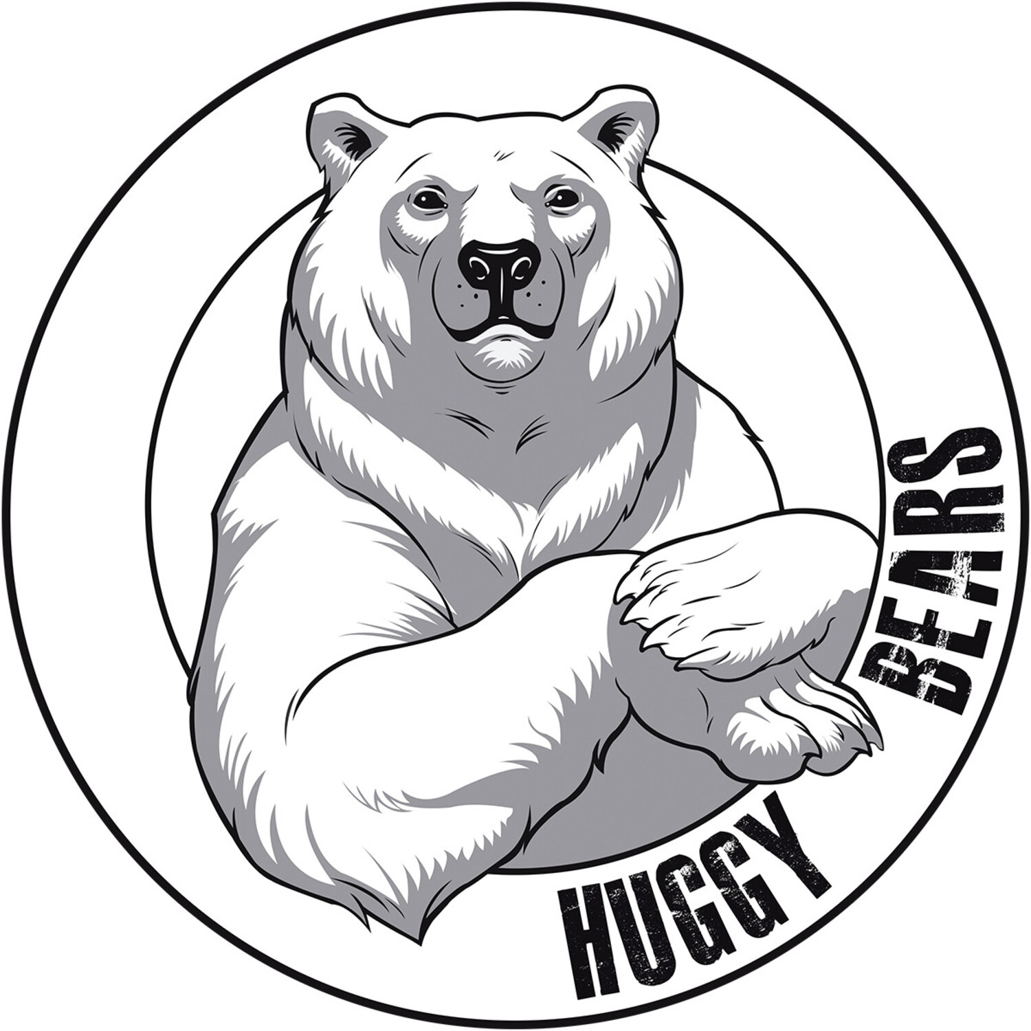 Logo, weißer Hintergrund, darauf ein Bär in gemütlicher Haltung mit verschränkten Armen sowie der Name Huggy Bears