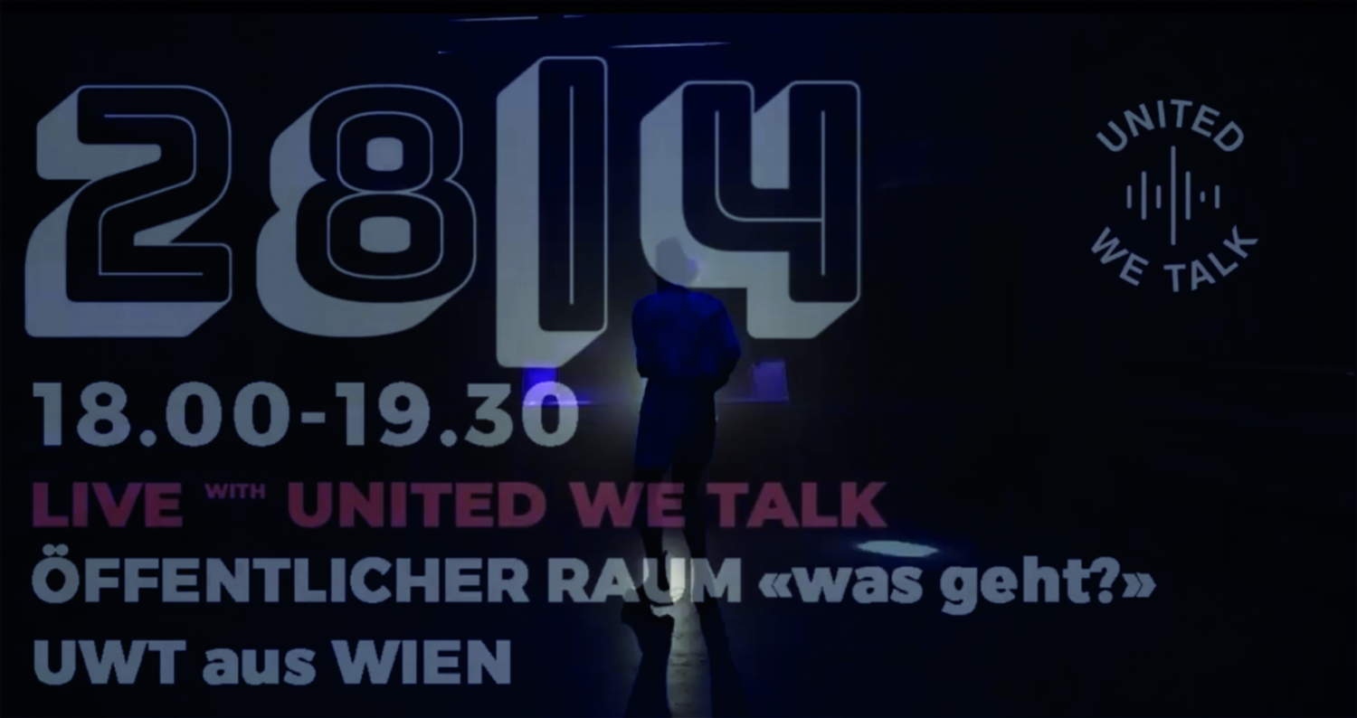 Plakatsujet zur Sendung " united we talk: öffentlicher Raum – was geht?", schwarzer Hintergrund, rosa Schriftzüge, Logo