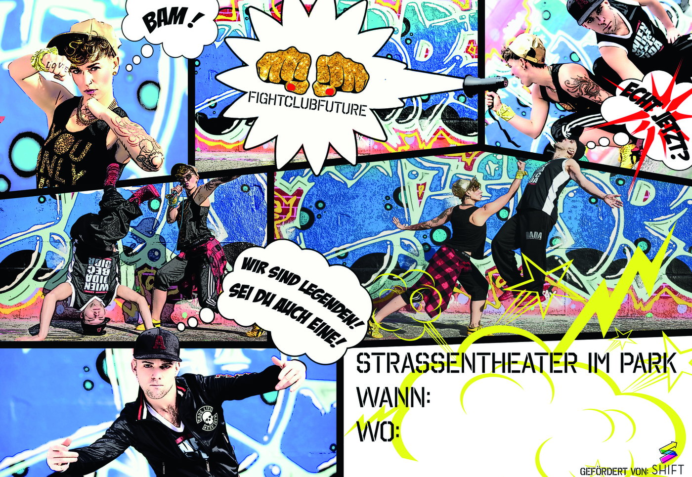 Ein aus Szenenfotos collagiertes Comic-artiges Plakat