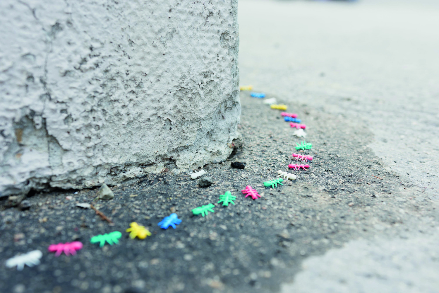 Man sieht die bunten Plastikameisen auf einem Betonboden in Schlange "marschieren"