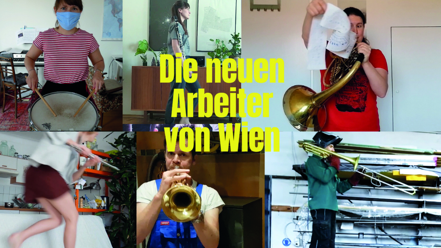 Collage aus sechs Bildern mit Musiker:innen der Kapelle, die zuhause allein musizieren