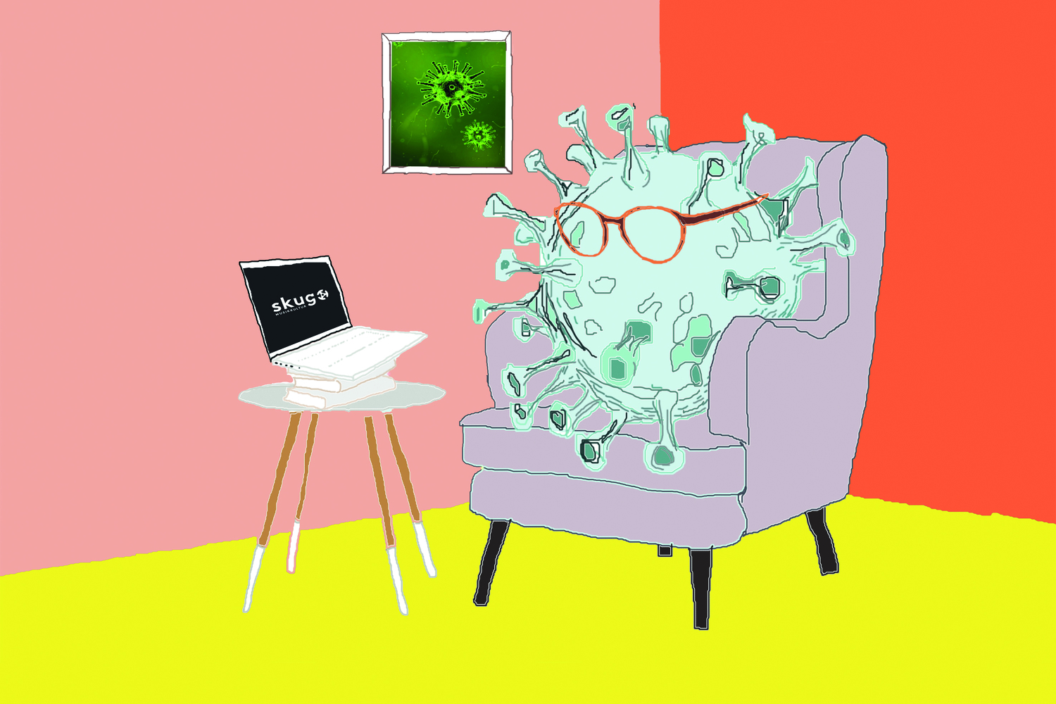 Bunte Illustration " skug im Homeoffice", ein Virus sitzt im Fauteuil und schaut auf dem PC die "skug"-Website an