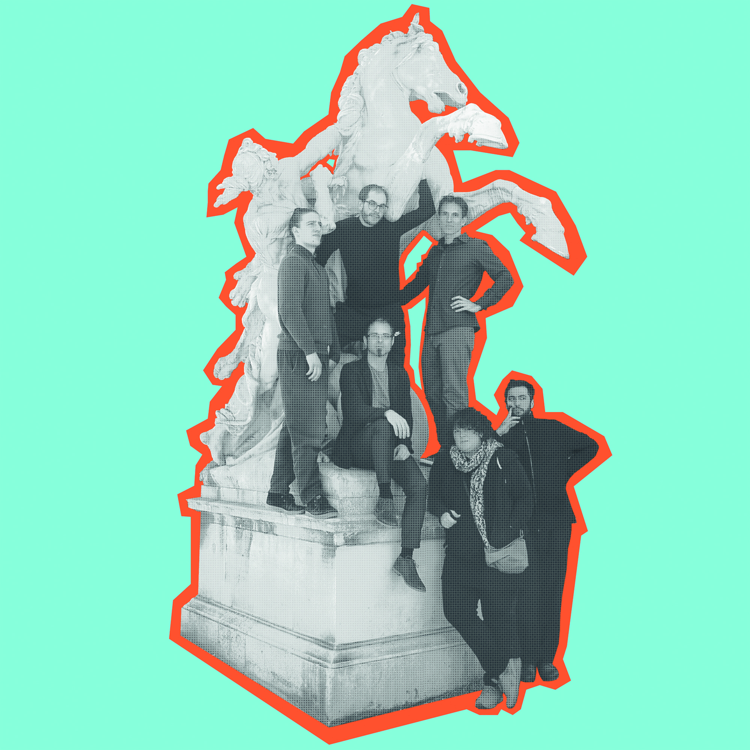 Grafisch bearbeitetes Gruppenbild mehrerer Personen, die auf einer Statue sitzen, blauer Hintergrund, die ausgeschnittene Personengruppe, die mittig im Bild platziert ist, ist mit einem orangen Strich umrandet