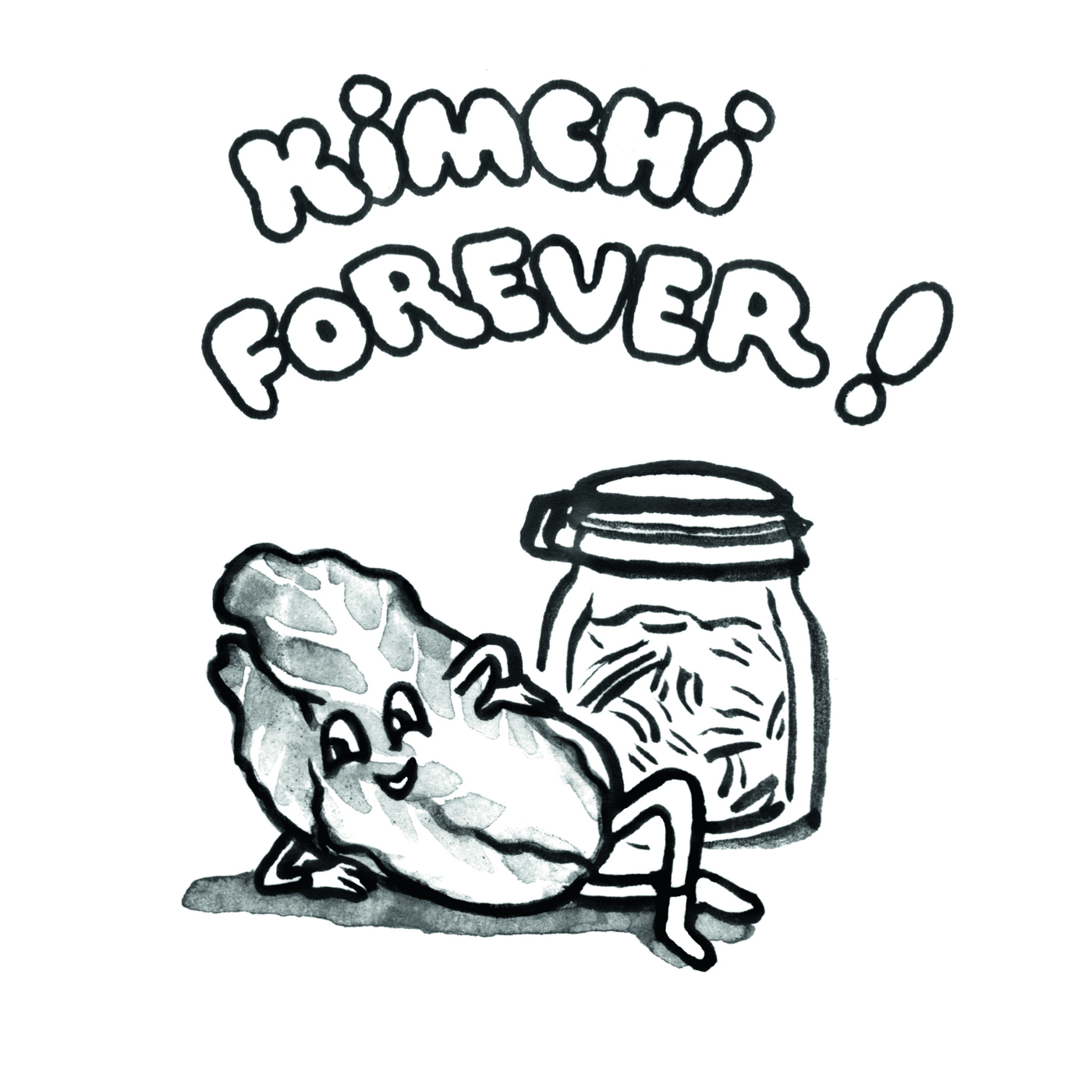 Comic-Seite, ein Krautblatt sitzt vorne und lacht, dahinter ein Wexglas, darüber steht "Kimchi forever"