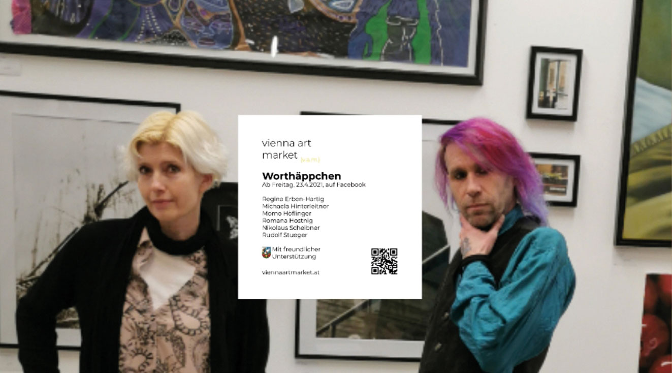 Momo Höflinger und Mike Blumentopf im Ausstellungsraum, darüber eingeblendet ein Kästchen mit Infodaten