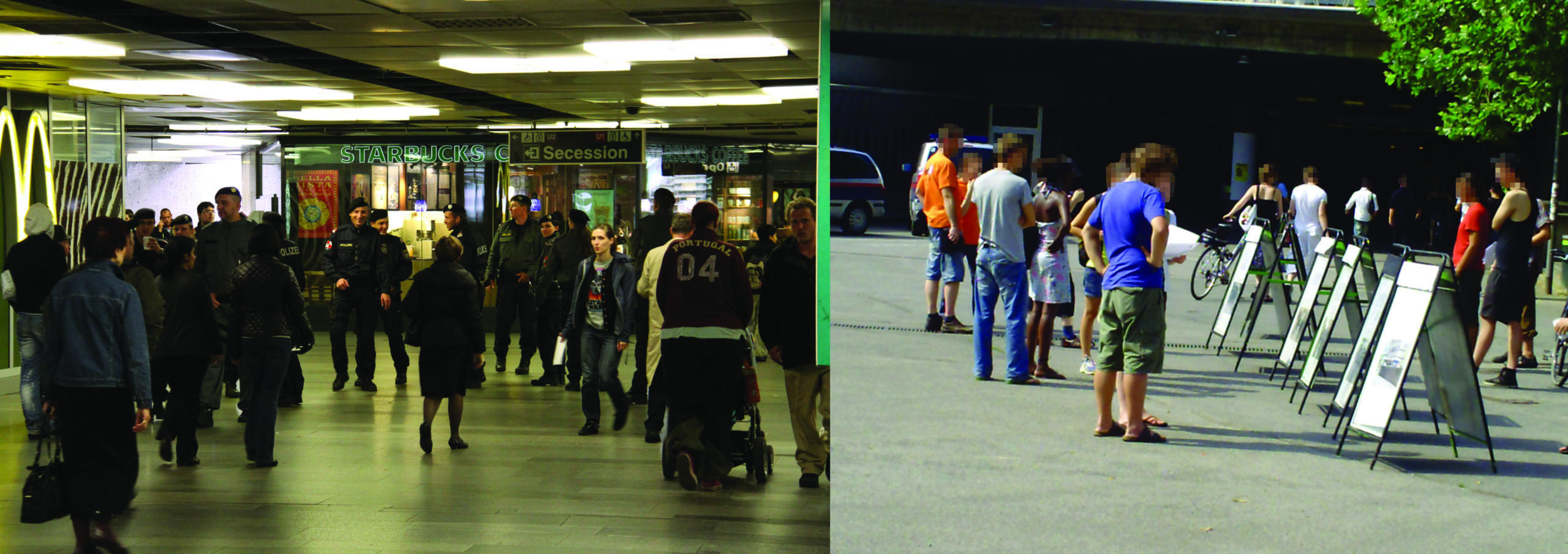 Bildcollage: links Menschen in einer U-Bahn-Station, rechts Menschen auf einem Platz schauen sich Bildtafeln an