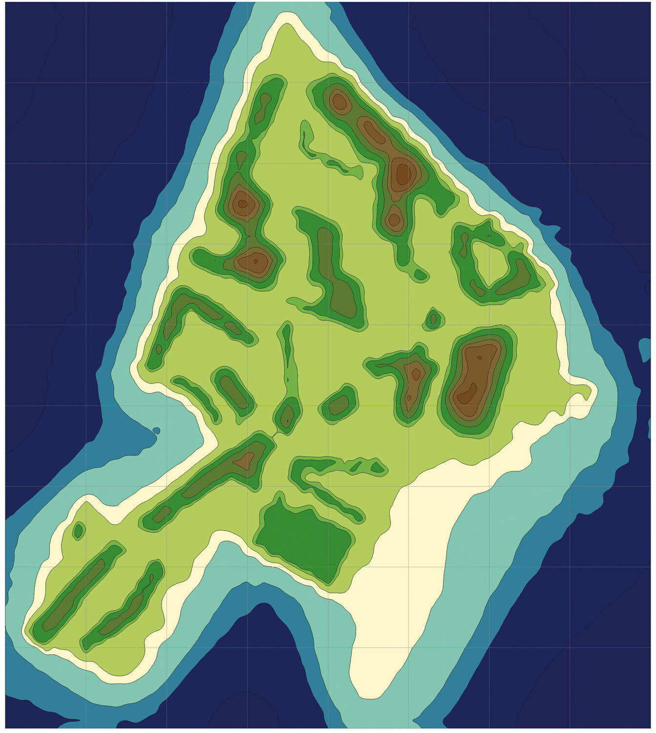 Eine Wärmekarte einer Landschaft, außen Dunkelblau, dann immer heller, in der Mitte ein grüner Block mit roten Flecken